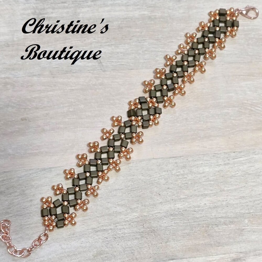 Handmade beaded bracelet,miyuki glass square bracelet, forest green cube beads,